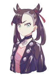 Rule 34 | 1girl, asymmetrical bangs, bad id, bad pixiv id, black choker, brown hair, choker, closed mouth, commentary request, creatures (company), dress, earrings, eyelashes, game freak, green eyes, hair ribbon, highres, jacket, jewelry, komame (st beans), looking at viewer, marnie (pokemon), nintendo, open clothes, open jacket, pink dress, pokemon, pokemon swsh, red ribbon, ribbon, solo, twintails, upper body