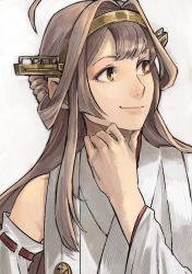 Rule 34 | 10s, 1girl, ahoge, brown eyes, brown hair, commentary request, detached sleeves, hair bun, hairband, hand on own chin, headgear, hiro (chumo), japanese clothes, kantai collection, kongou (kancolle), kongou kai ni (kancolle), long hair, nontraditional miko, shadow, simple background, single hair bun, sketch, smile, solo, wide sleeves