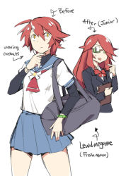 Rule 34 | 1girl, arrow (symbol), bag, blue skirt, bow, bowtie, cowboy shot, dual persona, english text, formal, ge-b, glasses, hair over one eye, long hair, long sleeves, looking up, neckerchief, original, pointing, pointing at self, red hair, school bag, school uniform, serafuku, short hair, simple background, sketch, skirt, standing, suit, thinking, white background, wristband, yellow eyes