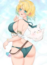 Rule 34 | 1girl, alternate costume, aqua bikini, armband, ass, beach, bikini, blonde hair, blue eyes, breasts, butt crack, character doll, earrings, feh (fire emblem heroes), fire emblem, fire emblem heroes, fjorm (fire emblem), fjorm (summer) (fire emblem), flower, hair flower, hair ornament, twirling hair, highres, inflatable toy, jewelry, looking at viewer, looking back, medium breasts, nintendo, official alternate costume, parted lips, short hair, sideboob, smile, solo, swimsuit, toshimasa