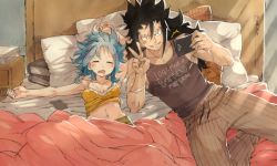 Rule 34 | 1boy, 1girl, bed, black hair, blue hair, breasts, fairy tail, gajeel redfox, indoors, levy mcgarden, lying, navel, on back, pants, shirt