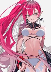 1girl absurdres baobhan_sith_(fate) baobhan_sith_(swimsuit_pretender)_(fate) baobhan_sith_(swimsuit_pretender)_(third_ascension)_(fate) bare_shoulders bikini breasts bridal_gauntlets cleavage commentary_request detached_collar earrings fate/grand_order fate_(series) grey_eyes grin highres jewelry large_breasts long_hair looking_at_viewer navel nigori_(keydoor) pink_hair pointy_ears side_ponytail sidelocks smile solo swimsuit thighs white_bikini