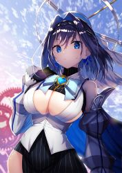 Rule 34 | 1girl, bad id, bad pixiv id, black gloves, black hair, blue bow, blue bowtie, blue eyes, blue sky, bow, bowtie, breasts, closed mouth, clothing cutout, cloud, detached sleeves, gears, gloves, hair intakes, highres, hololive, hololive english, large breasts, looking at viewer, nidaime (doronbo), ouro kronii, ouro kronii (1st costume), short hair, sky, solo, underboob cutout, virtual youtuber