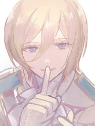 Rule 34 | 1boy, bishounen, blonde hair, blue eyes, blue jacket, colored eyelashes, ensemble stars!, finger to mouth, gloves, grey background, highres, jacket, looking at viewer, male focus, multicolored clothes, multicolored jacket, ntec231, open mouth, short hair, shushing, sketch, smile, solo, tenshouin eichi, white gloves, white jacket