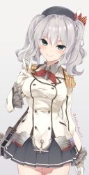 Rule 34 | 1girl, anchor, belt, beret, black hat, black skirt, blue eyes, blush, breasts, buttons, closed mouth, cowboy shot, epaulettes, gloves, hair between eyes, hat, highres, jacket, kantai collection, kashima (kancolle), long sleeves, looking at viewer, machinery, miniskirt, neckerchief, neko ame, pleated skirt, red neckerchief, sidelocks, silver hair, simple background, skirt, smile, solo, standing, tsurime, twintails, v, wavy hair, white gloves, white jacket