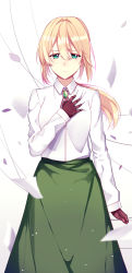 Rule 34 | 10s, 1girl, blonde hair, brooch, brown gloves, closed mouth, collared shirt, commentary, feet out of frame, gloves, green eyes, green skirt, hair between eyes, hair intakes, hand on own chest, hentaki, highres, jewelry, long skirt, long sleeves, looking at viewer, paper, petals, sad, shirt, simple background, skirt, solo, standing, violet evergarden, violet evergarden (series), white background, white shirt, wing collar