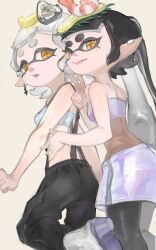 Rule 34 | 2girls, alternate hairstyle, baggy pants, bare shoulders, black hair, bodystocking, callie (splatoon), domino mask, ear piercing, food, from behind, fruit, ga4me4, hand on another&#039;s hip, inkling player character, kamikaihi game, lemon, lemon slice, long hair, looking at viewer, looking back, marie (splatoon), mask, mole, mole under eye, multiple girls, nintendo, official alternate costume, official alternate hairstyle, oyster, pants, parted lips, piercing, red lips, shrimp, skirt, smile, splatoon (series), splatoon 3, strapless, suspenders, tentacle hair, tube top, v, white hair, yellow background, yellow eyes