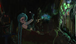 Rule 34 | 1girl, absurdres, arcane: league of legends, arm tattoo, artist name, black background, black gloves, blue eyes, braid, commentary request, couch, earrings, female focus, fingerless gloves, from side, gloves, green hair, hands up, highres, holding, huge filesize, jewelry, jinx (league of legends), league of legends, long hair, looking at viewer, sitting, solo, susie (mjzu5828), tattoo, twin braids, window