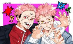 Rule 34 | !, !!, 2boys, ?, ??, bad id, bad twitter id, bandaid, bandaid on face, black hair, black jacket, blue jacket, closed mouth, dated, facial mark, facial tattoo, hands up, highres, hood, hood down, hoodie, itadori yuuji, jacket, jujutsu kaisen, long sleeves, male focus, multiple boys, open hands, open mouth, pink background, pink hair, red eyes, red jacket, reol 001, ryoumen sukuna (jujutsu kaisen), short hair, smile, tattoo, teeth, tsurime, undercut, upper body, v-shaped eyebrows, white hoodie, yellow eyes