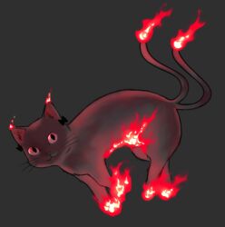 Rule 34 | 4rdilla, :3, black bow, black cat, bow, cat, cat tail, dark background, fiery hair, fire, flame-tipped tail, glowing, green background, highres, kaenbyou rin, kaenbyou rin (cat), looking at viewer, multiple tails, nekomata, no humans, red eyes, slit pupils, solo, tail, touhou, two tails, whiskers