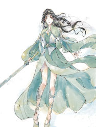 Rule 34 | 1girl, at lingchen zhiqian, black hair, cleavage cutout, closed mouth, clothing cutout, collared dress, doupo cangqiong, dress, full body, green dress, hair bun, highres, holding, holding sword, holding weapon, long hair, long sleeves, looking at viewer, shoes, smile, solo, sword, weapon, white background, yun yun (doupo cangqiong)