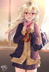 Rule 34 | 1girl, akino ell, bag, black ribbon, blazer, blonde hair, blush, breasts, cardigan, cowboy shot, floating hair, gift, glasses, hair flaps, hair ornament, hair ribbon, hairclip, highres, holding, holding gift, jacket, kantai collection, long hair, long sleeves, looking at viewer, messy hair, neckerchief, open mouth, pleated skirt, red-framed eyewear, red eyes, red neckerchief, ribbon, school bag, school uniform, sidelocks, signature, skirt, smile, solo, sunset, valentine, wind, window, yuudachi (kancolle), yuudachi kai ni (kancolle)