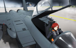 Rule 34 | 1girl, aircraft, airplane, cockpit, commission, f-15 eagle, fighter jet, green eyes, harness, jet, military, military vehicle, missile, mrxinom, original, pilot suit, red hair, runway, serious, short hair
