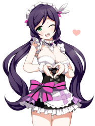 Rule 34 | 10s, 1girl, ;d, blush, breasts, cleavage, detached collar, green eyes, headdress, heart, heart hands, large breasts, long hair, looking at viewer, love live!, love live! school idol festival, love live! school idol project, one eye closed, open mouth, purple hair, ribbon, smile, solo, torigoe takumi, tojo nozomi, twintails, wink