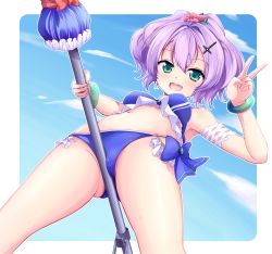 Rule 34 | 1girl, :d, armpits, azur lane, bandeau, bikini, blue bikini, blue sky, blush, breasts, c-rabbit, cleavage, cloud, cloudy sky, commentary request, crotch, flower, from below, green eyes, hair between eyes, hair flower, hair ornament, hairclip, highres, holding, javelin (azur lane), javelin (beach picnic!) (azur lane), long hair, looking at viewer, looking down, midriff, navel, official alternate costume, open mouth, parasol, ponytail, purple hair, sidelocks, sky, smile, solo, swimsuit, umbrella, v
