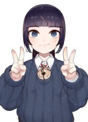 Rule 34 | 1girl, aioi u, bell, blue eyes, blue sweater, blunt bangs, closed mouth, collared shirt, double v, fingernails, hands up, jingle bell, long hair, long sleeves, looking at viewer, monogatari (series), purple hair, senjougahara hitagi, shirt, simple background, smile, solo, sweater, upper body, v, white background, white shirt