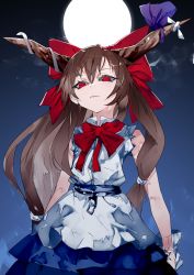 Rule 34 | 1girl, blue skirt, bow, bowtie, brown hair, chain, check commentary, commentary request, cowboy shot, from below, hair between eyes, hair bow, highres, horn ornament, horn ribbon, horns, ibuki suika, ikurauni, large bow, long hair, looking down, low-tied long hair, neck ribbon, night, oni, parted bangs, purple ribbon, red bow, red eyes, red ribbon, ribbon, sash, shirt, sidelocks, skirt, sleeveless, sleeveless shirt, solo, torn clothes, torn sleeves, touhou, white ribbon, white shirt, wrist cuffs