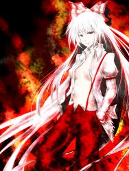 Rule 34 | 1girl, acryl, bad id, bad pixiv id, bow, breasts, female focus, fujiwara no mokou, hair bow, highres, long hair, open clothes, open shirt, red eyes, shirt, solo, suspenders, touhou, very long hair, white hair