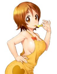 Rule 34 | 10s, 1girl, bow, breasts, brown eyes, brown hair, candy, candy wrapper, cleavage, food, hand on own hip, happinesscharge precure!, heart, large breasts, looking at viewer, mouth hold, naked overalls, onsoku inu, oomori yuuko, overalls, precure, short hair, sideboob, simple background, smile, solo, suspenders