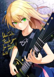 Rule 34 | 1girl, absurdres, artist name, black shirt, blazblue, blonde hair, blue skirt, breasts, commission, english text, green eyes, guitar, highres, holding, holding guitar, holding instrument, holding plectrum, ika (draw ika02), instrument, long hair, noel vermillion, playing guitar, plectrum, shirt, short sleeves, skeb commission, skirt, small breasts, solo, sweat