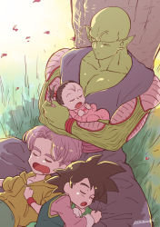 Rule 34 | 1girl, 3boys, baby, black hair, child, closed eyes, colored skin, dragon ball, dragon ball super, dragonball z, green skin, holding baby, lying, maddy, multiple boys, open mouth, pan (dragon ball), pectoral cleavage, pectorals, piccolo, pointy ears, purple hair, sitting, sleeping, son goten, tree, trunks (dragon ball)