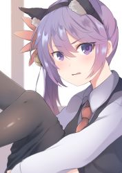 Rule 34 | 1girl, absurdres, akebono (kancolle), alternate costume, animal ear fluff, animal ears, bell, blouse, blush, brown pantyhose, cat ears, clothes pull, collared shirt, commentary, dress shirt, dyson (edaokunnsaikouya), embarrassed, fake animal ears, flower, frown, grey shirt, hair bell, hair flower, hair ornament, highres, jingle bell, kantai collection, knees, knees up, looking at viewer, necktie, pantyhose, pantyhose pull, purple eyes, purple hair, shirt, side ponytail, vest, window