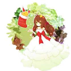 Rule 34 | 1girl, 1st-mn, bow, braid, brown hair, christmas, christmas stocking, cross, cross necklace, dress, green eyes, hair bow, hair ornament, jewelry, long hair, merry christmas, necklace, original, single braid, solo, star (symbol), tsubomi-chan, white dress