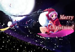 Rule 34 | christmas, full moon, hat, kyougoku touya, long hair, looking at viewer, merry christmas, moon, open mouth, original, santa costume, santa hat, short hair, snowboard, snowing