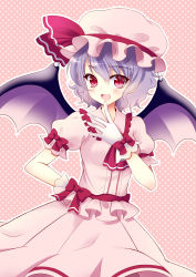 Rule 34 | 1girl, bad id, bad pixiv id, bat wings, fang, female focus, gloves, hat, highres, nanohana kohina, open mouth, red eyes, remilia scarlet, skirt, skirt set, solo, touhou, white gloves, wings