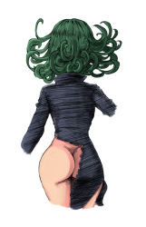 Rule 34 | 1girl, ahoge, ass, bad id, bad pixiv id, curly hair, dress, from behind, green hair, impossible clothes, impossible dress, no panties, one-punch man, short hair, side slit, skin tight, solo, tatsumaki, torn clothes, torn dress
