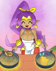 Rule 34 | 1girl, animated, animated gif, apron, bouncing breasts, breasts, cleavage, cooking, closed eyes, minuspal, purple hair, shantae, shantae (series), smile, solo