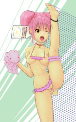 Rule 34 | 1girl, amulet heart, breasts, cheerleader, egg, heart, highres, hinamori amu, looking at viewer, magical girl, medium breasts, microskirt, nipples, one eye closed, open mouth, pink hair, pom pom (cheerleading), presenting, pussy, sexually suggestive, shugo chara!, skirt, smile, solo, split, spread legs, spread pussy, standing, standing on one leg, standing split, thighs, uhickx, yellow eyes