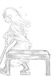 Rule 34 | 10s, 1girl, bench, comic, crutch, gentletiger, geta, greyscale, japanese clothes, kantai collection, long hair, monochrome, open mouth, sandals, simple background, solo, sweat, sweatdrop, table, walking, cane, white background, white hair, zuikaku (kancolle)