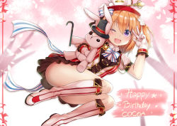 Rule 34 | 1girl, ;d, black hat, blush, boots, bow, breasts, cane, character name, cherry blossoms, collared shirt, commentary request, gloves, gochuumon wa usagi desu ka?, hair between eyes, hand up, happy birthday, hat, hoto cocoa, hugging object, knee boots, light brown hair, medium breasts, niiya, one eye closed, open mouth, petals, puffy short sleeves, puffy sleeves, purple eyes, red hat, red skirt, ribbon, shirt, short sleeves, skirt, smile, solo, striped bow, striped clothes, striped ribbon, striped skirt, stuffed animal, stuffed rabbit, stuffed toy, top hat, v, vertical-striped clothes, vertical-striped skirt, white bow, white footwear, white gloves, white shirt