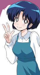 Rule 34 | 1girl, blue dress, blue hair, bright pupils, brown eyes, closed mouth, commentary, dress, dress shirt, fuurinkan high school uniform, highres, long sleeves, looking at viewer, pinafore dress, ponzu rui, ranma 1/2, school uniform, shirt, short hair, sleeveless, sleeveless dress, smile, solo, studio deen, tendou akane, upper body, w, white background, white pupils, white shirt, wing collar