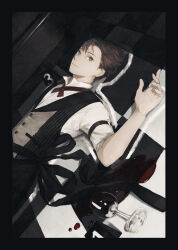 Rule 34 | 1boy, alcohol, apron, black apron, black border, black vest, border, bright pupils, brown hair, buttons, checkered floor, closed mouth, collared shirt, cup, drinking glass, green eyes, gu (goodnight), highres, looking at viewer, lying, mahjong soul, male focus, on back, on floor, ribbon, shinomiya natsuki (mahjong soul), shirt, short hair, smile, solo, spill, tile floor, tiles, upper body, vest, white pupils, white shirt, wine, wine glass