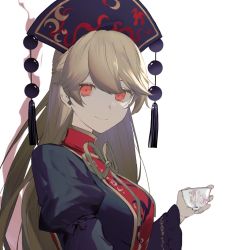 Rule 34 | 1girl, black dress, blonde hair, breasts, chinese clothes, crescent, dress, hat, highres, ikasoba, junko (touhou), long hair, long sleeves, phoenix crown, red eyes, smile, solo, tabard, touhou, wide sleeves