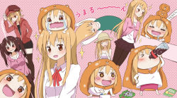 Rule 34 | &gt; &lt;, 10s, 2girls, :d, animal hood, artist request, blush, blush stickers, brown hair, casual, chibi, crying, doma umaru, ebina nana, embarrassed, female focus, hamster, hamster costume, hat, highres, himouto! umaru-chan, hood, jacket, long hair, looking at viewer, multiple girls, open mouth, pantyhose, pink shorts, polka dot, polka dot background, saliva, school uniform, shorts, skirt, smile, tears, thighhighs, twintails