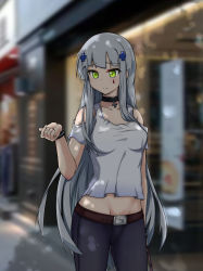 Rule 34 | 1girl, alternate costume, arm at side, belt, blunt bangs, blush, breasts, buckle, casual, choker, cityscape, closed mouth, clothing cutout, collarbone, cross, cross choker, denim, facepaint, girls&#039; frontline, green eyes, groin, hair ornament, hand up, highres, hk416 (girls&#039; frontline), iron cross, jeans, kaiven banzhang, long hair, looking at watch, medium breasts, midriff, pants, scenery, shirt, short sleeves, shoulder cutout, sidelocks, silver hair, solo, strap, teardrop, very long hair, watch, white shirt