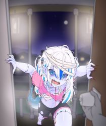 Rule 34 | 1girl, bandaged head, bandages, blood, blue eyes, blue hair, city lights, colored skin, door, doorway, fins, fish tail, gawr gura, hair ornament, highres, hololive, hololive english, moral cacoethes, multicolored hair, open mouth, pov doorway, shark tail, sharp teeth, smile, stitched arm, stitched leg, stitches, streaked hair, tail, teeth, virtual youtuber, white hair, zombie