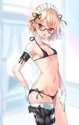 Rule 34 | 1girl, bad id, bad pixiv id, bare shoulders, bikini, black bikini, black ribbon, blonde hair, breasts, collarbone, commentary request, ear piercing, earrings, frills, from side, glasses, gloves, gun, hands on own ass, highres, holstered, jewelry, looking at viewer, lower teeth only, maid, maid bikini, maid headdress, mayoichi, navel, open mouth, original, piercing, red eyes, ribbon, semi-rimless eyewear, short hair, side-tie bikini bottom, single thighhigh, small breasts, solo, stomach, swimsuit, teeth, thighhighs, tongue, tongue out, unconventional maid, weapon, white gloves, white thighhighs