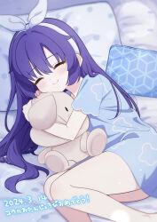 Rule 34 | 1girl, absurdres, ass, bed sheet, blue archive, blue pajamas, blush, closed eyes, closed mouth, dated, highres, long hair, pajamas, purple hair, short sleeves, smile, solo, sonchou, stuffed animal, stuffed toy, yuuka (blue archive)