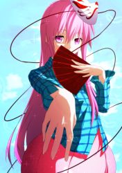 Rule 34 | 1girl, aono meri, bad id, bad pixiv id, blue background, covering own mouth, folding fan, fox mask, gradient background, hand fan, hata no kokoro, highres, long hair, long sleeves, looking at viewer, mask, noh mask, outstretched arm, pink eyes, pink hair, plaid, plaid shirt, shirt, skirt, solo, sparkle, string, touhou