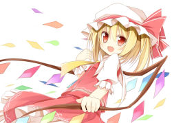 Rule 34 | 1girl, blonde hair, blouse, bow, fang, flandre scarlet, hair between eyes, hat, hat bow, mob cap, red eyes, shirt, side ponytail, solo, touhou, white hat, white shirt, wings, yuuhagi (amaretto-no-natsu)