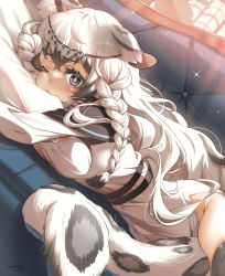 Rule 34 | 1girl, absurdres, animal ears, arknights, between legs, braid, breasts, couch, dress, grey eyes, grey hair, highres, large breasts, leopard ears, long hair, lying, hugging object, on couch, one eye closed, pillow, pillow hug, pramanix (arknights), sallyzaemon, signature, tail, tail between legs, thighhighs, white dress