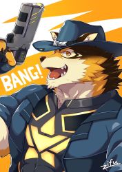 Rule 34 | 1boy, animal ear fluff, animal ears, bara, beige fur, brown fur, character request, fingerless gloves, fox boy, fox ears, from side, furry, furry male, gloves, gun, hat, highres, holding, holding gun, holding weapon, live a hero, looking at viewer, male focus, muscular, open mouth, orange fur, police, police hat, police uniform, smile, solo, uniform, upper body, weapon, zifu