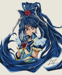 Rule 34 | 1990s (style), 1girl, blue eyes, blue hair, butterfly brooch, butterfly hair ornament, closed mouth, cure aqua, earrings, flower, frills, grey background, hair flower, hair ornament, high ponytail, highres, jewelry, long hair, looking at viewer, minazuki karen, ponytail, precure, puffy sleeves, red flower, red rose, retro artstyle, rose, simple background, sind ngmhn28, solo, upper body, yes! precure 5, yes! precure 5 gogo!