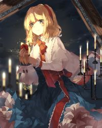 Rule 34 | 1girl, alice margatroid, artist name, blonde hair, blue dress, blue eyes, blurry, blurry background, candelabra, candle, candlestand, capelet, cloud, cowboy shot, dated, depth of field, doll, dress, frilled skirt, frills, hairband, highres, holding, holding doll, light smile, ling mou, lolita hairband, looking at viewer, neck ribbon, night, night sky, outdoors, petticoat, picture frame, red ribbon, ribbon, sash, shanghai doll, short hair, skirt, sky, solo, standing, star (sky), starry sky, symbol-only commentary, touhou, white capelet