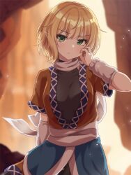 Rule 34 | 1girl, annoyed, black shirt, blonde hair, blue skirt, brown dress, commentary request, cross print, dress, green eyes, hand on own face, highres, looking at viewer, mizuhashi parsee, pointy ears, remiria100, shirt, short hair, short sleeves, skirt, solo, touhou