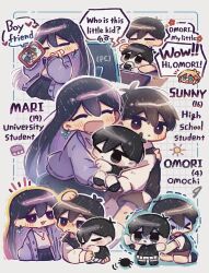 Rule 34 | 1girl, 2boys, :3, basil (faraway) (omori), basil (omori), black eyes, black hair, blush, bright pupils, brother and sister, brothers, bug, cellphone, chibi, chibi inset, closed mouth, colored skin, computer, earrings, english text, food, grin, hero (faraway) (omori), hero (omori), highres, holding, holding phone, jewelry, laptop, long hair, long sleeves, looking at another, mari (faraway) (omori), mari (omori), multiple boys, necklace, omori, omori (omori), onigiri, open mouth, parted lips, phone, siblings, smartphone, smile, speech bubble, spider, sunny (omori), teeth, wakame (vhai26uhykmqb9k), white pupils, white skin